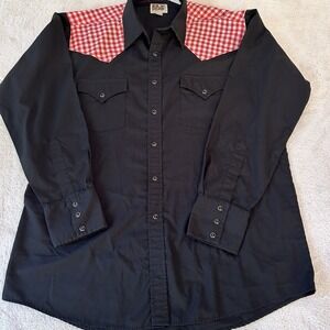 VTG Ely Cattleman Shirt Mens L Gingham Check Pearl Snap 80s Western Short Sleeve